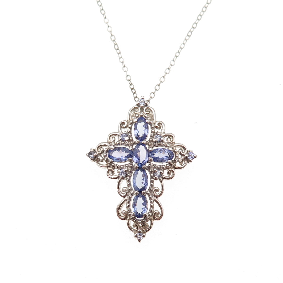 Chuck Clemency 925 Sterling Silver Real Tanzanite Cross Cable Chain Necklace 20"