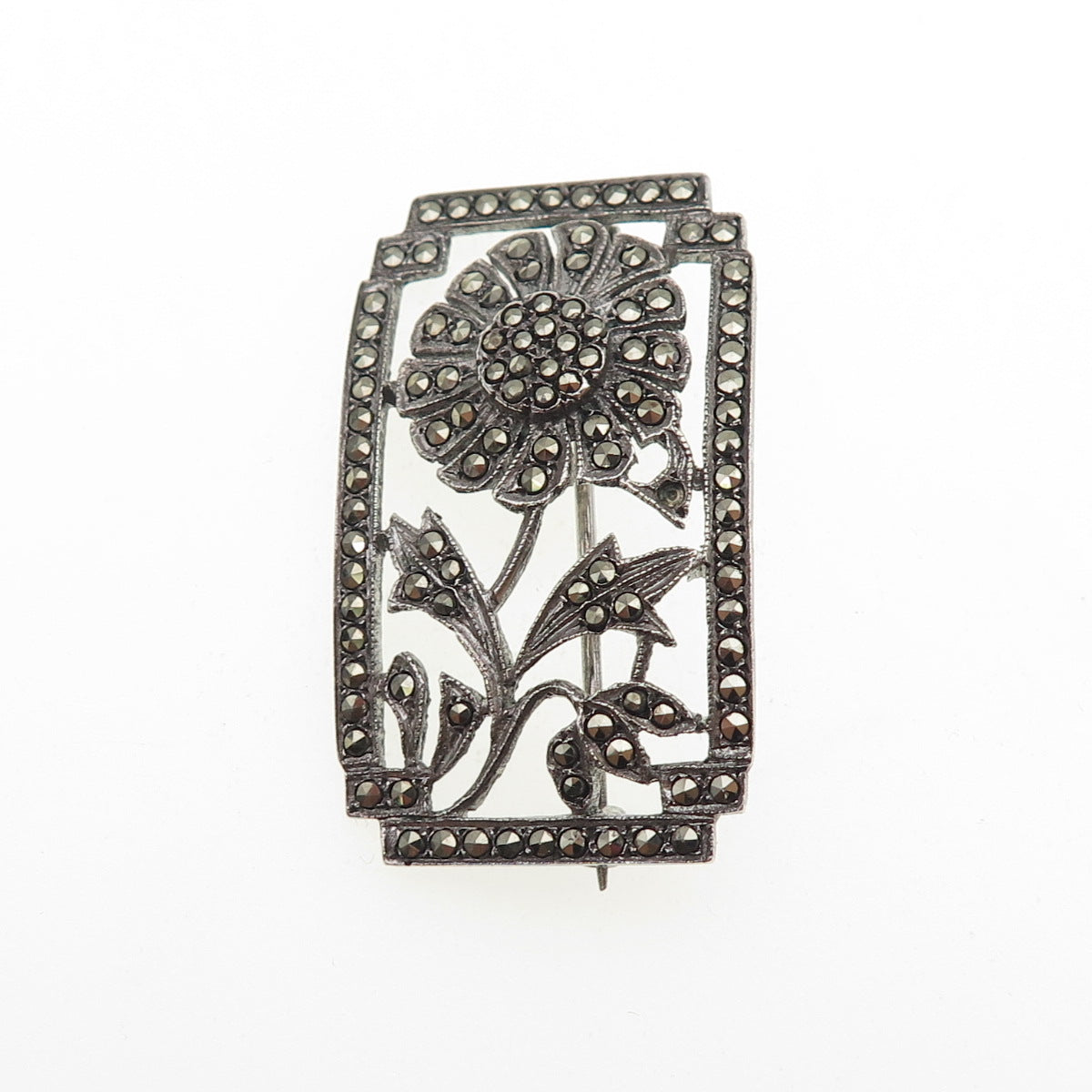 925 Sterling Antique Art Deco Real Marcasite Flower Pin Brooch (missing 1 stone)