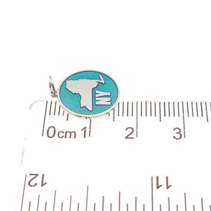 925 Sterling Silver Turquoise Enamel NY State Map Round Tag Mini Charm Pendant