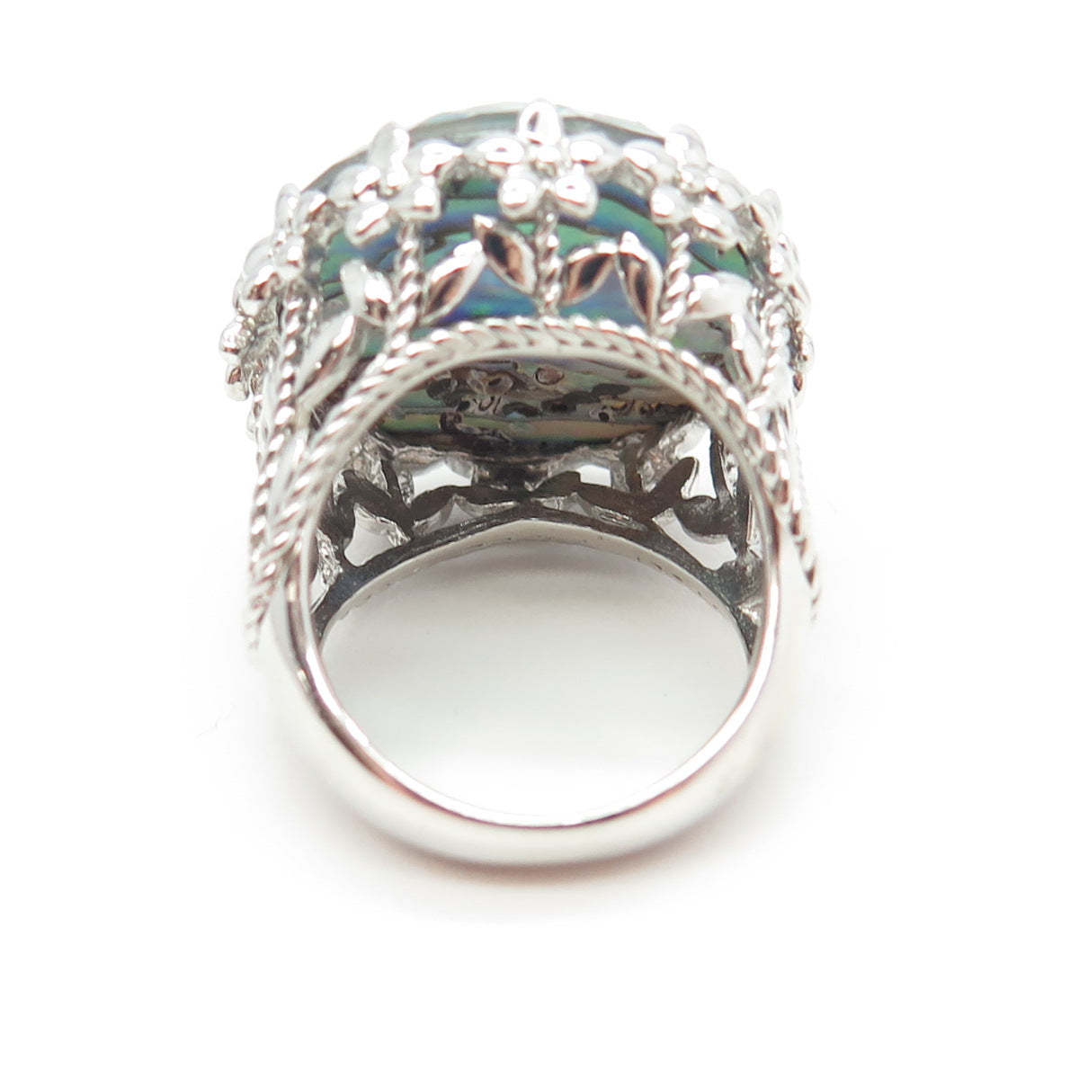 925 Sterling Silver Real Doublet Abalone Shell Floral Wide Ring Size 6.25