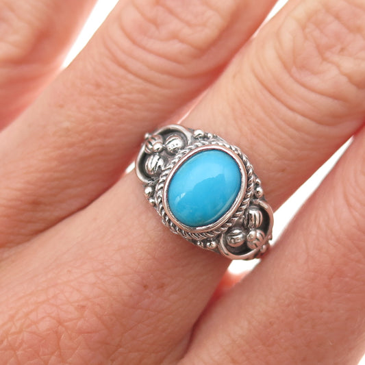 925 Sterling Silver Vintage Real Sleeping Beauty Turquoise Floral Ring Size 7.25