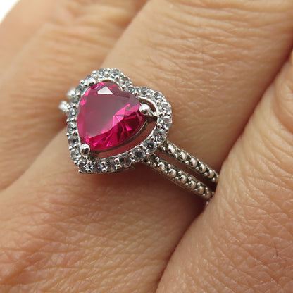 925 Sterling Silver Lab-Created Ruby & Real White Topaz Heart Ring Size 8.25