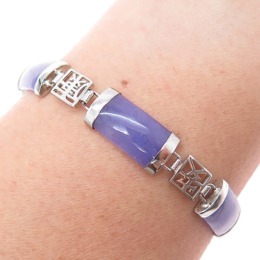 925 Sterling Silver Vintage Real Lavender Jade Chinese Character Bracelet 7.25"