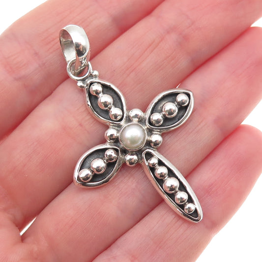 Silpada 925 Sterling Silver Vintage Real Pearl Beaded Cross Charm Pendant