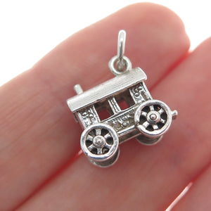 925 Sterling Silver Vintage Carriage Oxidized Minimalist 3D Charm Pendant