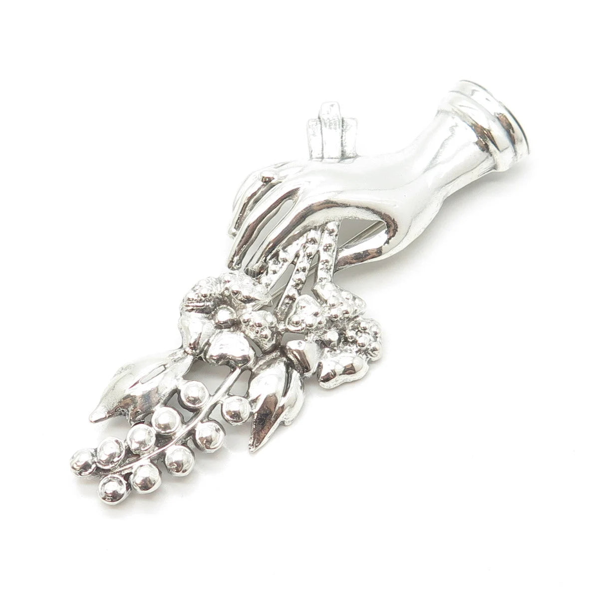 925 Sterling Silver Vintage Flowers in Hand Pin Brooch