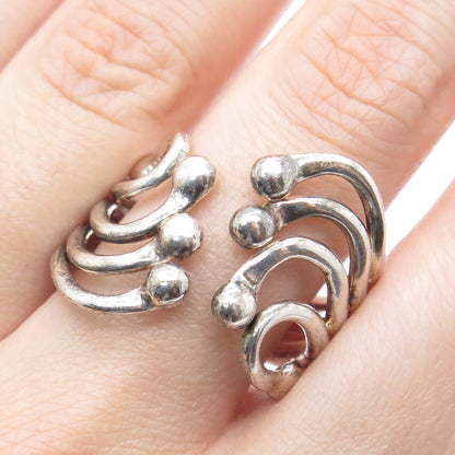 925 Sterling Silver Vintage Modernist Beaded Bypass Adjustable Ring Size 10.75
