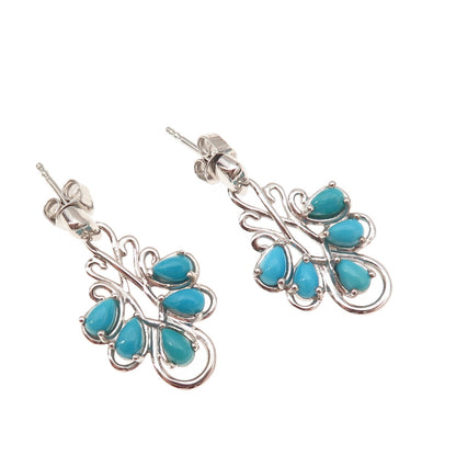 925 Sterling Silver Real Sleeping Beauty Turquoise Floral Dangle Earrings