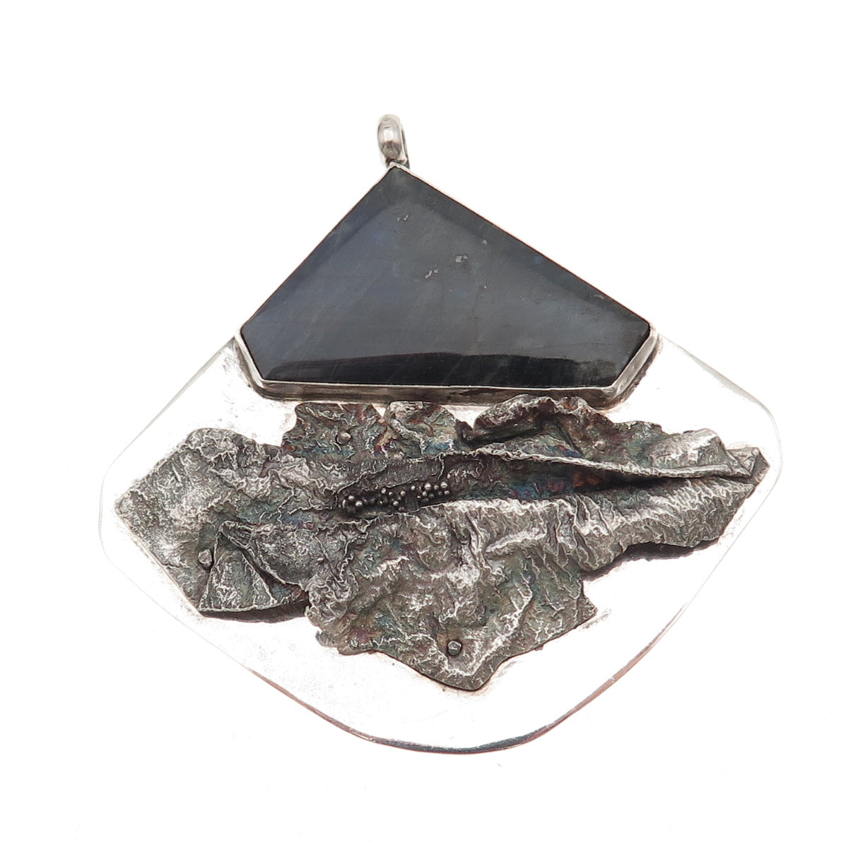 925 Sterling Silver Vintage Real Labradorite Modernist Large 31.0g Pendant