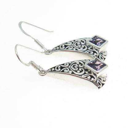 CHAPAL ZENRAY 925 Sterling Silver Vintage Amethyst Gem Ornate Dangling Earrings