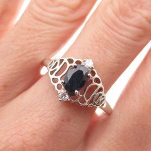 925 Sterling Silver Real Oval-Cut Sapphire & C Z Ring Size 11