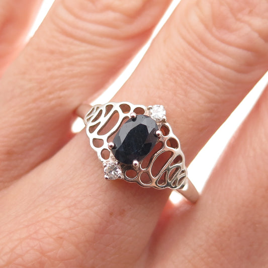 925 Sterling Silver Real Oval-Cut Sapphire & C Z Ring Size 11