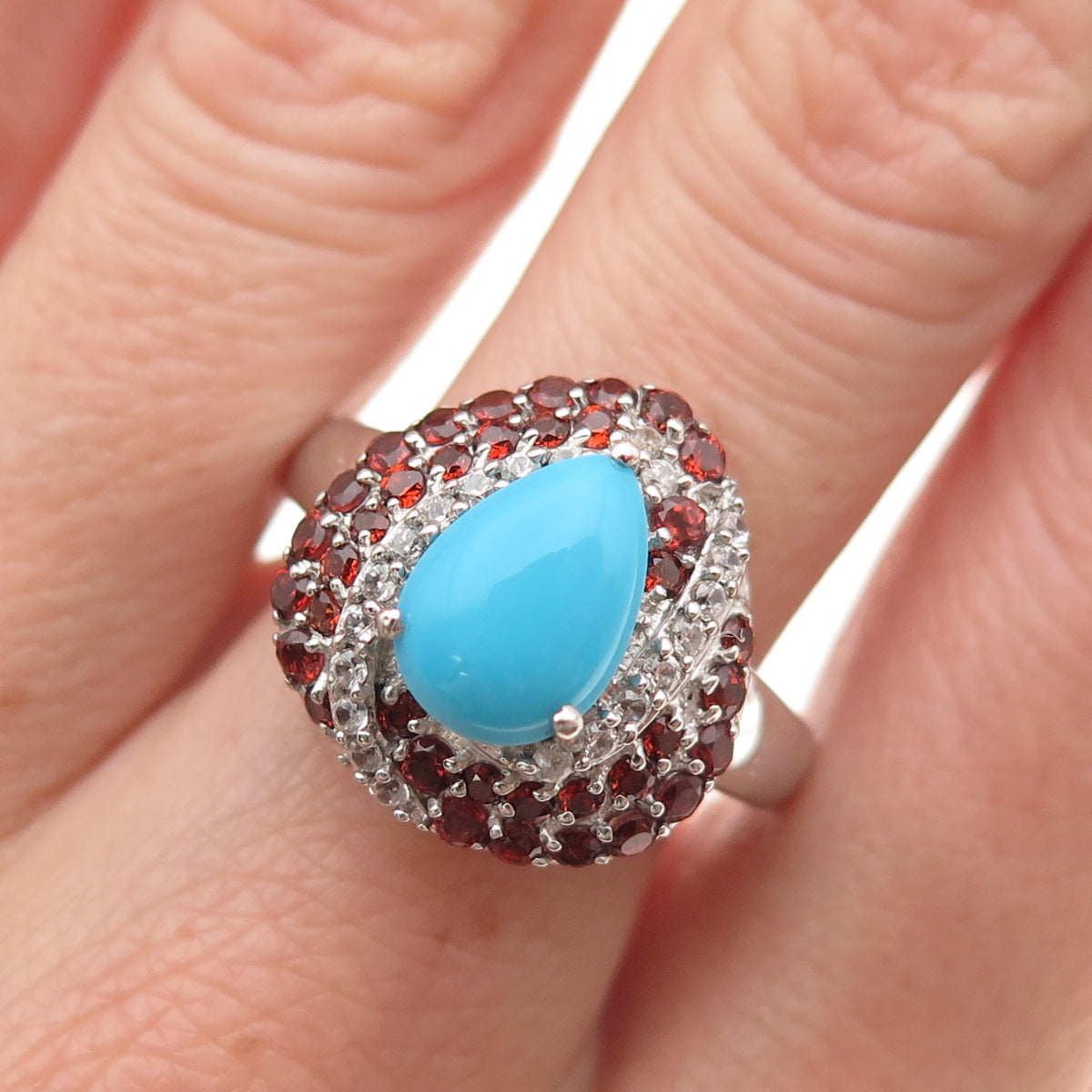 Chuck Clemency 925 Sterling Silver Real Turquoise Garnet Topaz Ring Size 9.25