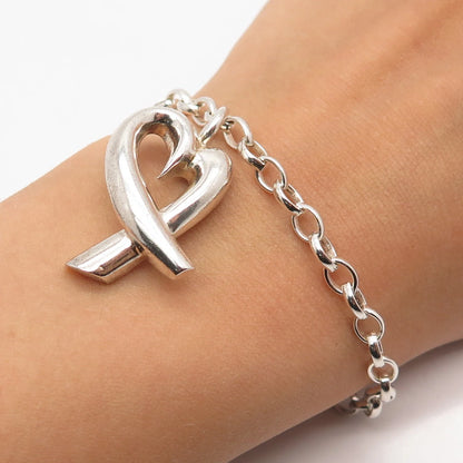 925 Sterling Silver Vintage Italy Heart Charm Rolo Link Bracelet 7.75"