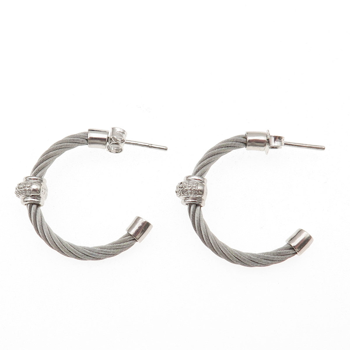 925 Sterling Silver & Steel Real Round-Cut Diamond Hoop Earrings