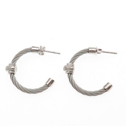 925 Sterling Silver & Steel Real Round-Cut Diamond Hoop Earrings