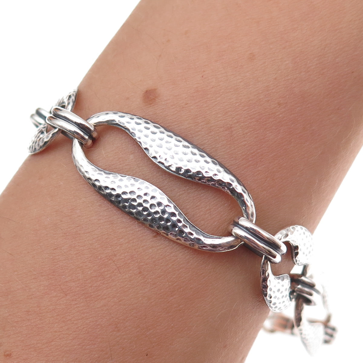 925 Sterling Silver Antique Art Deco Hammered Panel Link Bracelet 7.25"