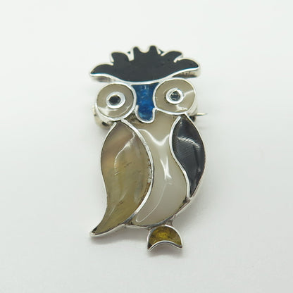 925 Sterling Silver Vintage Mexico Real Onyx Agate MOP Wise Owl Pin Brooch