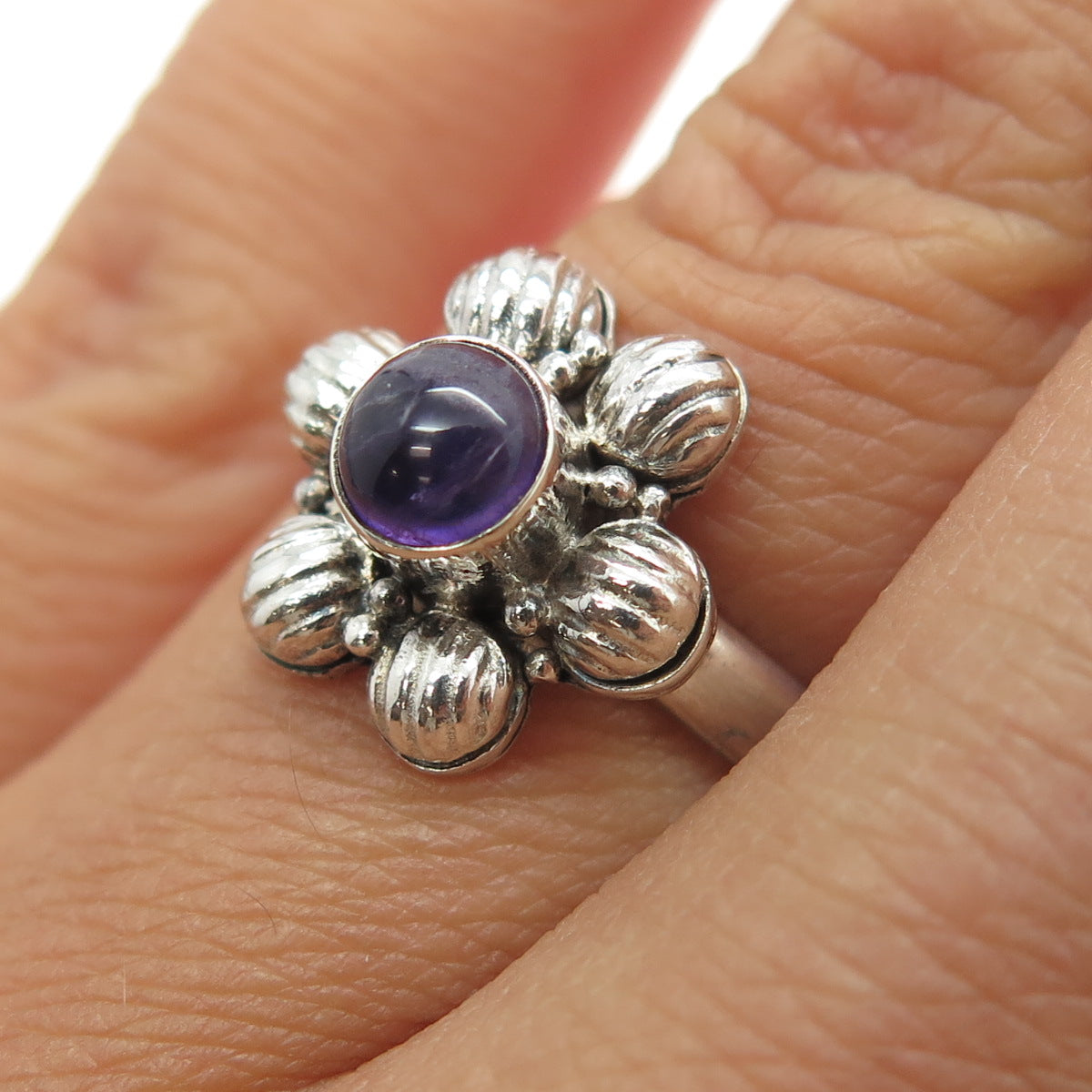 925 Sterling Silver Vintage Real Amethyst Flower Ring Size 6.5