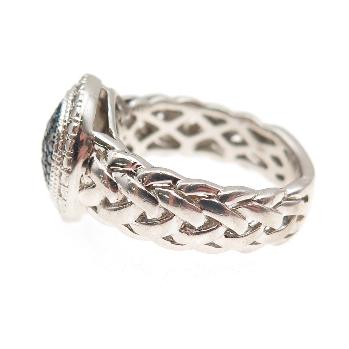J. Stella 925 Sterling Silver Real Round-Cut Blue Diamond Woven Ring Size 7.25