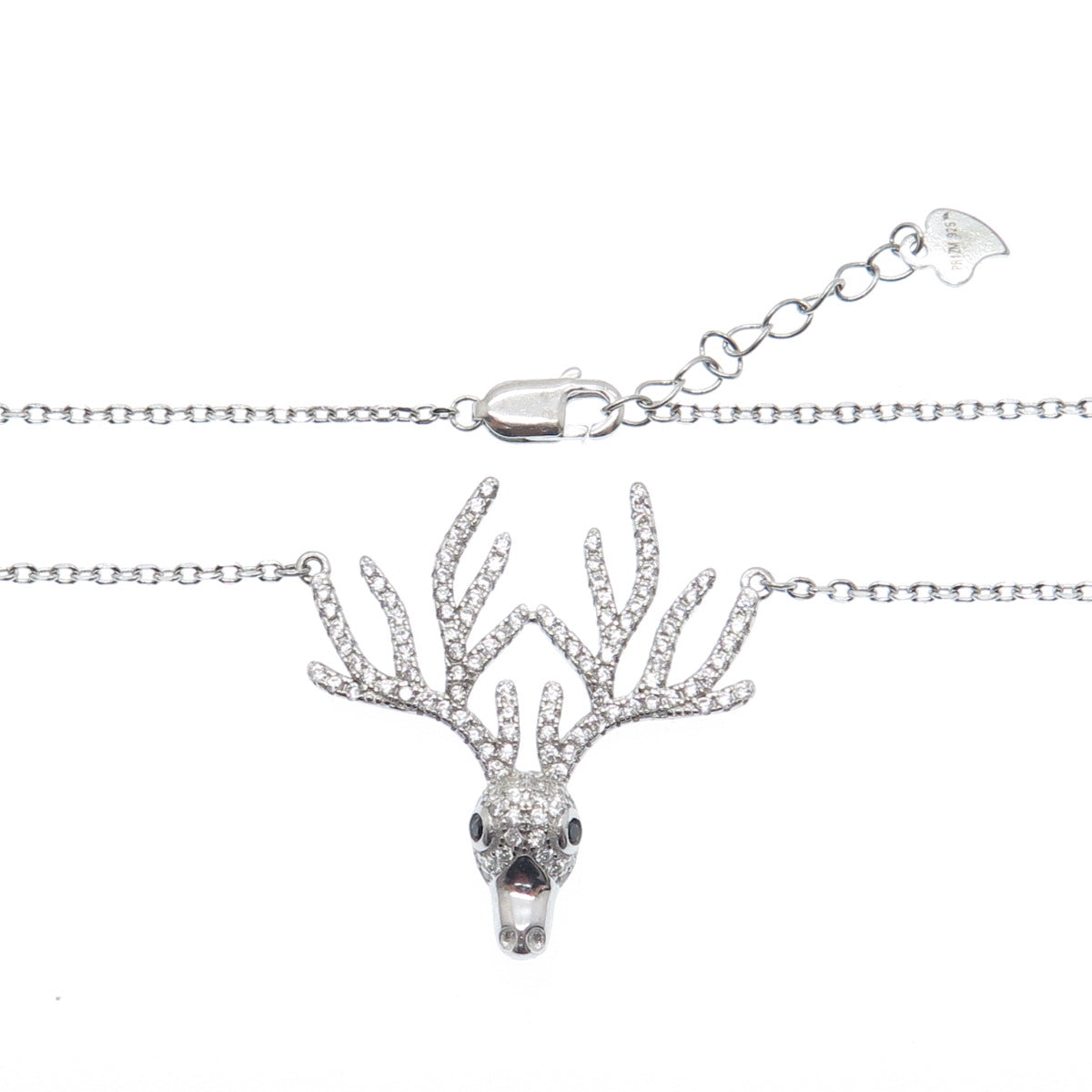 925 Sterling Silver Round-Cut Black & White C Z Deer Cable Chain Necklace 18-20"