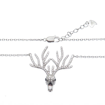 925 Sterling Silver Round-Cut Black & White C Z Deer Cable Chain Necklace 18-20"