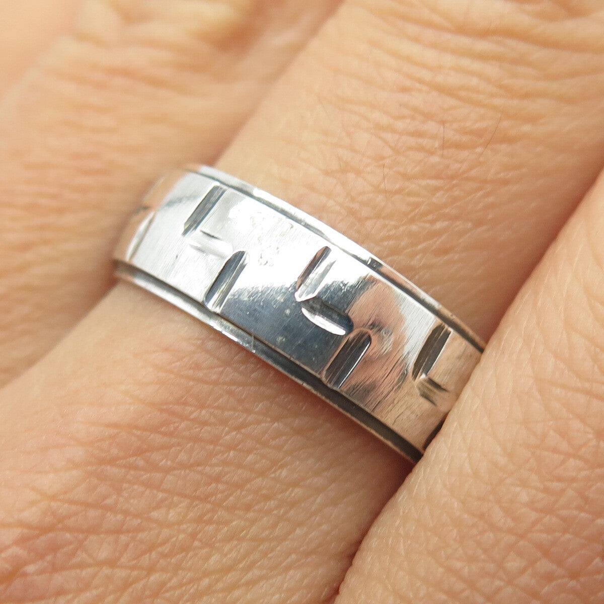 925 Sterling Silver Vintage Engraved Geometric Tetris Band Ring Size 10.5