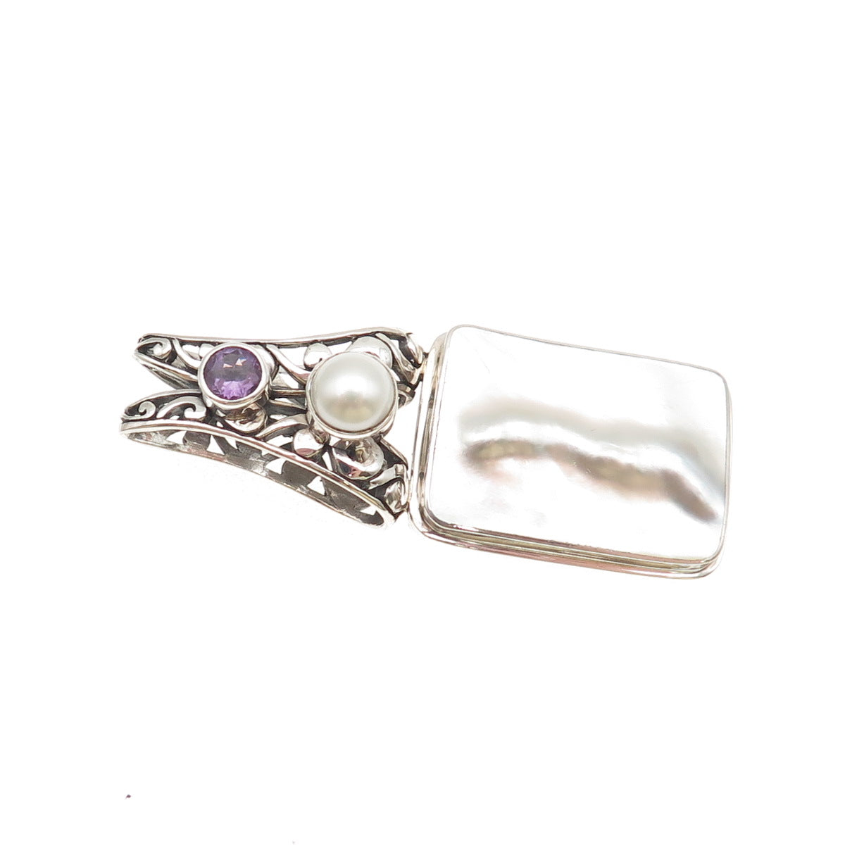 925 Sterling Silver Vintage Real MOP Pearl & Amethyst Floral Slide Pendant