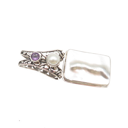 925 Sterling Silver Vintage Real MOP Pearl & Amethyst Floral Slide Pendant