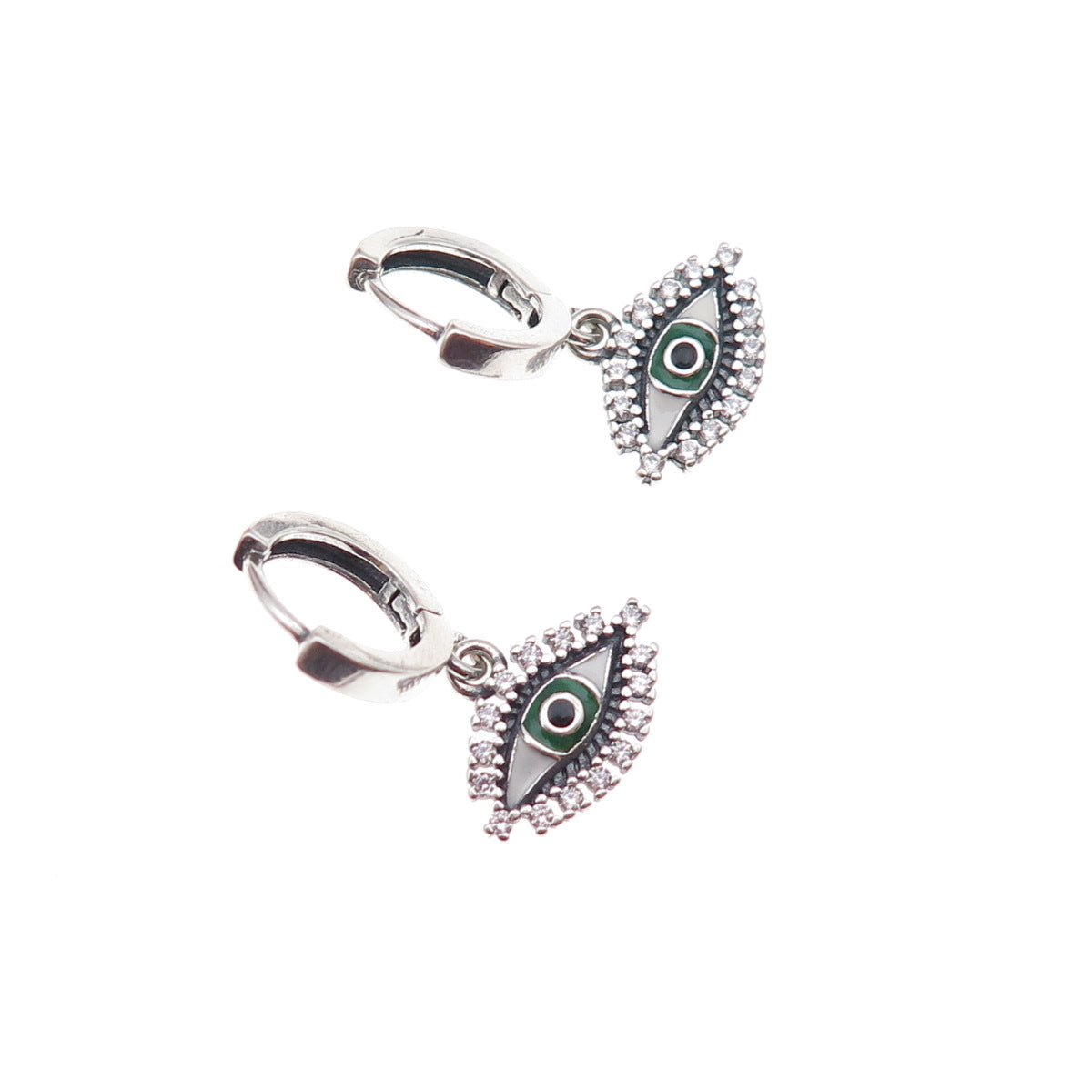 925 Sterling Silver Enamel & C Z Evil Eye Dangle Charm Hoop Earrings