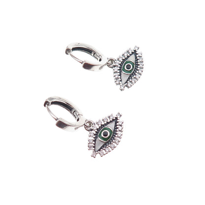 925 Sterling Silver Enamel & C Z Evil Eye Dangle Charm Hoop Earrings