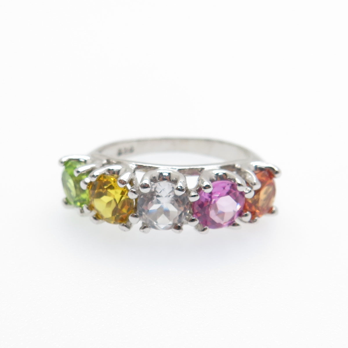 925 Sterling Silver Real Round-Cut Multi-Color Topaz Ring Size 6.25