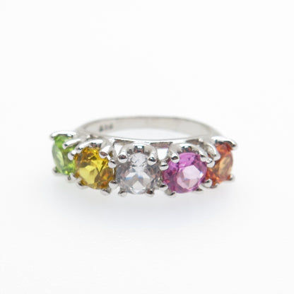 925 Sterling Silver Real Round-Cut Multi-Color Topaz Ring Size 6.25