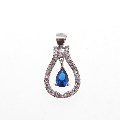925 Sterling Silver Blue & White C Z Teardrop Charm Pendant