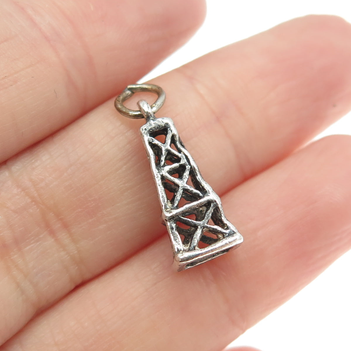 925 Sterling Silver Vintage Oil Derrick 3D Charm Pendant