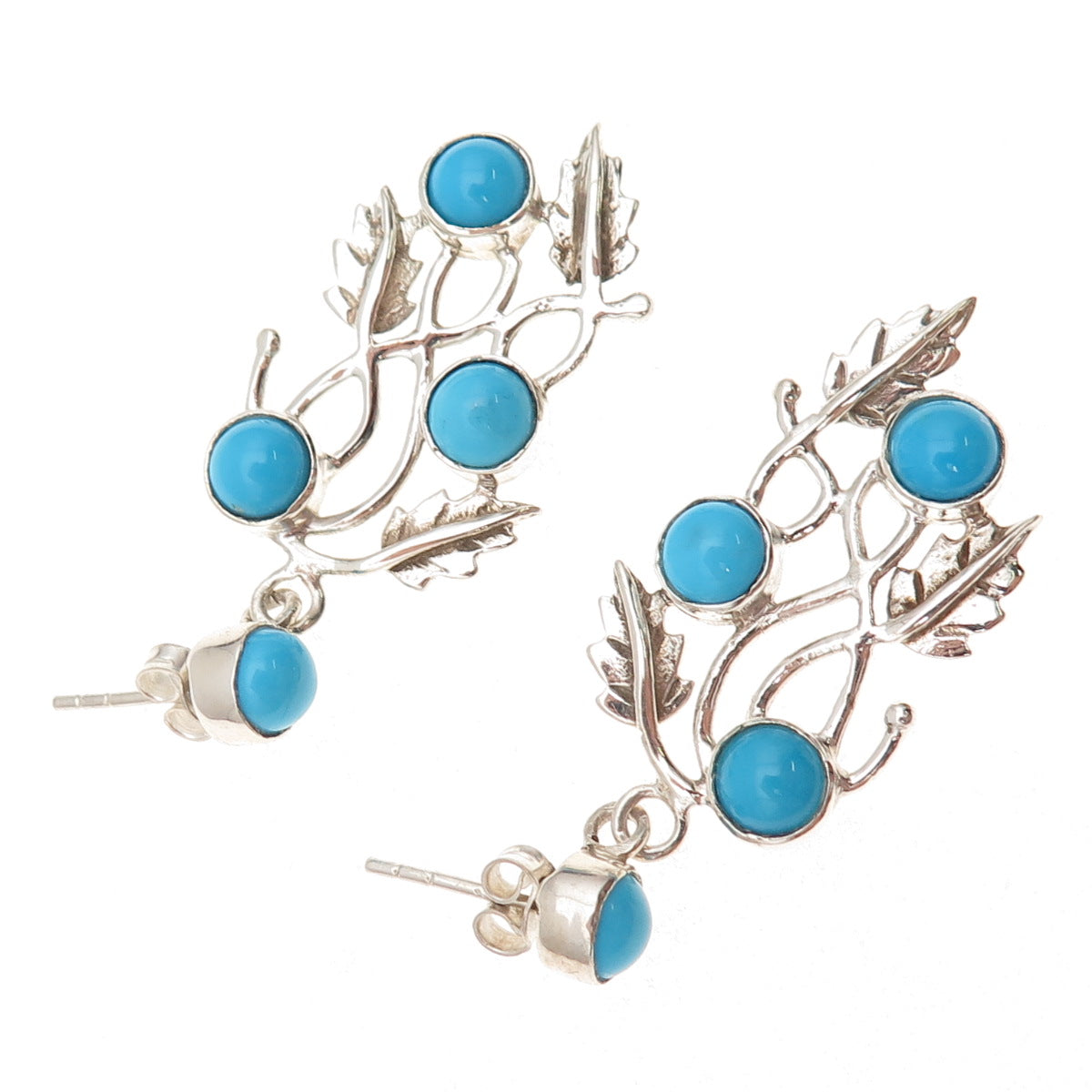 925 Sterling Vintage Real Sleeping Beauty Turquoise Floral Leaf Dangle Earrings