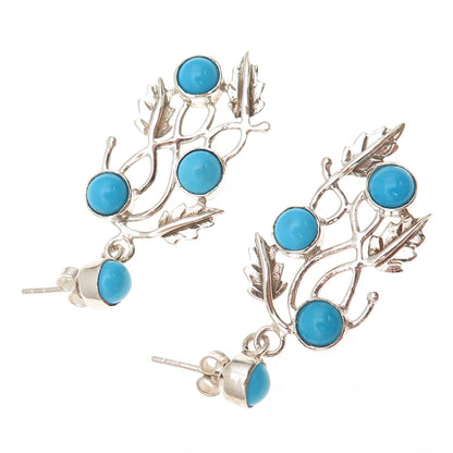 925 Sterling Vintage Real Sleeping Beauty Turquoise Floral Leaf Dangle Earrings