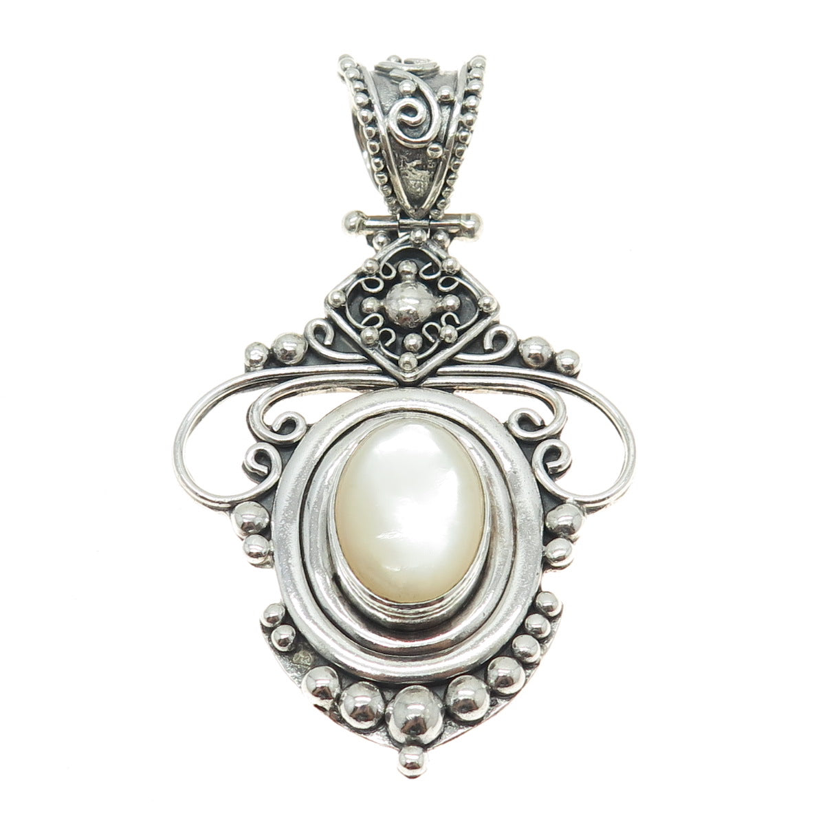 BA SUARTI Sterling Silver Vintage Real Mother-of-Pearl Granulated Large Pendant