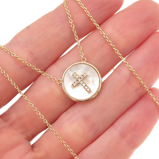 Han Sterling Silver Gold Plated Real MOP & C Z Cross Cable Chain Necklace 16-18"