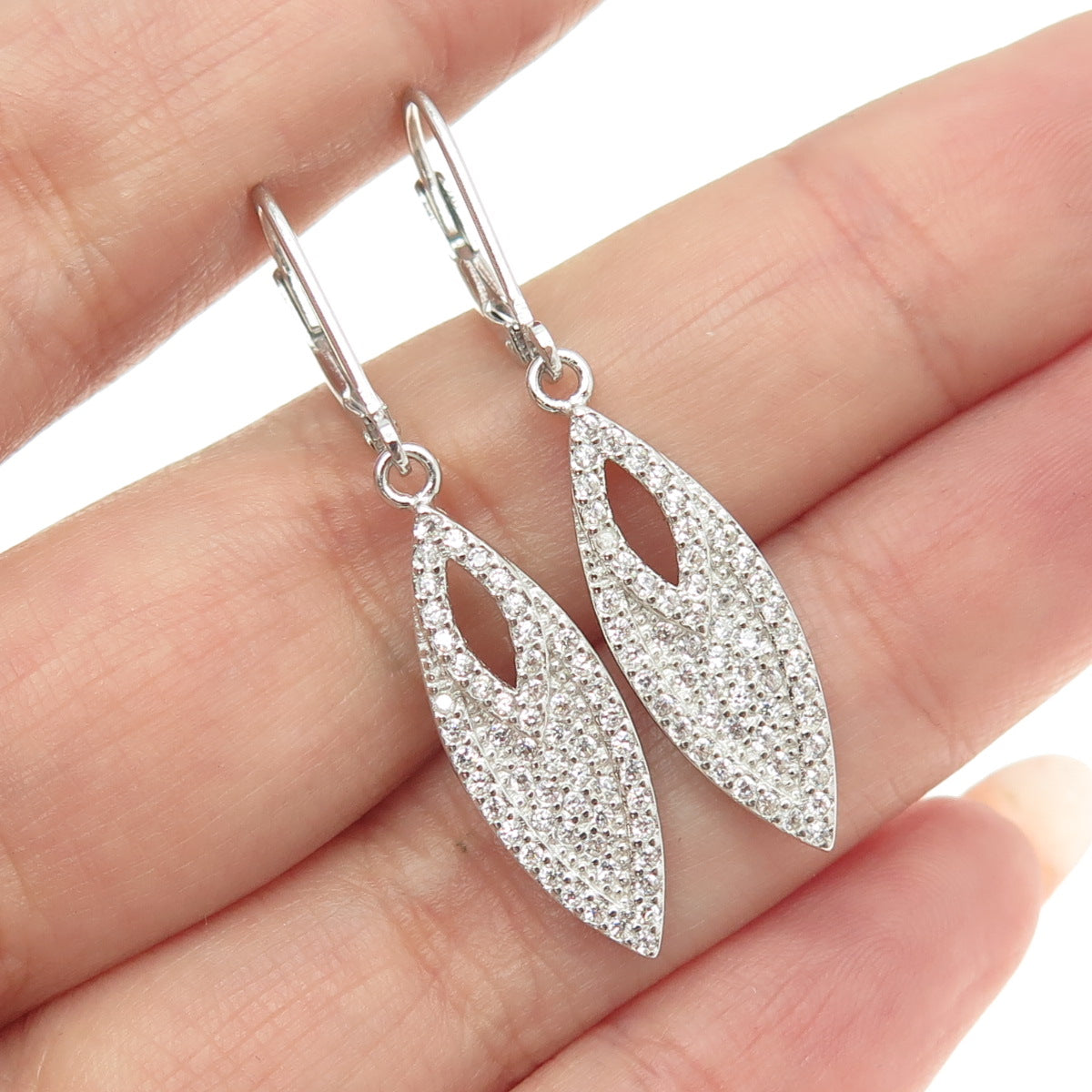 925 Sterling Silver Pave C Z Marquise Shape Dangling Earrings