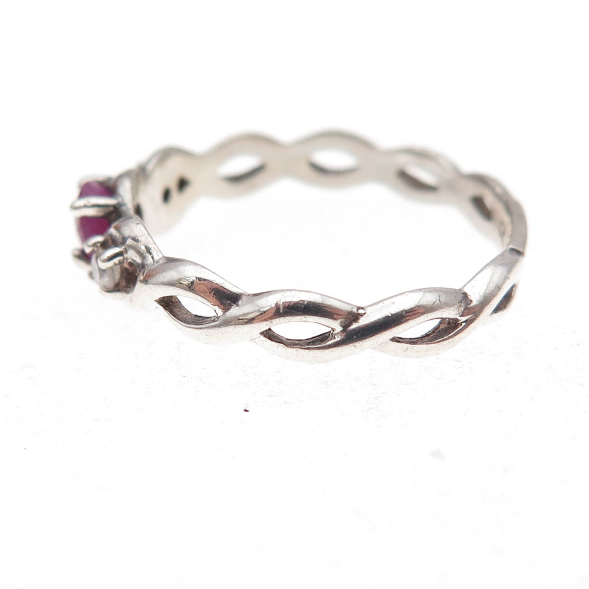 925 Sterling Silver Vintage Real Ruby & C Z Woven Band Ring Size 7