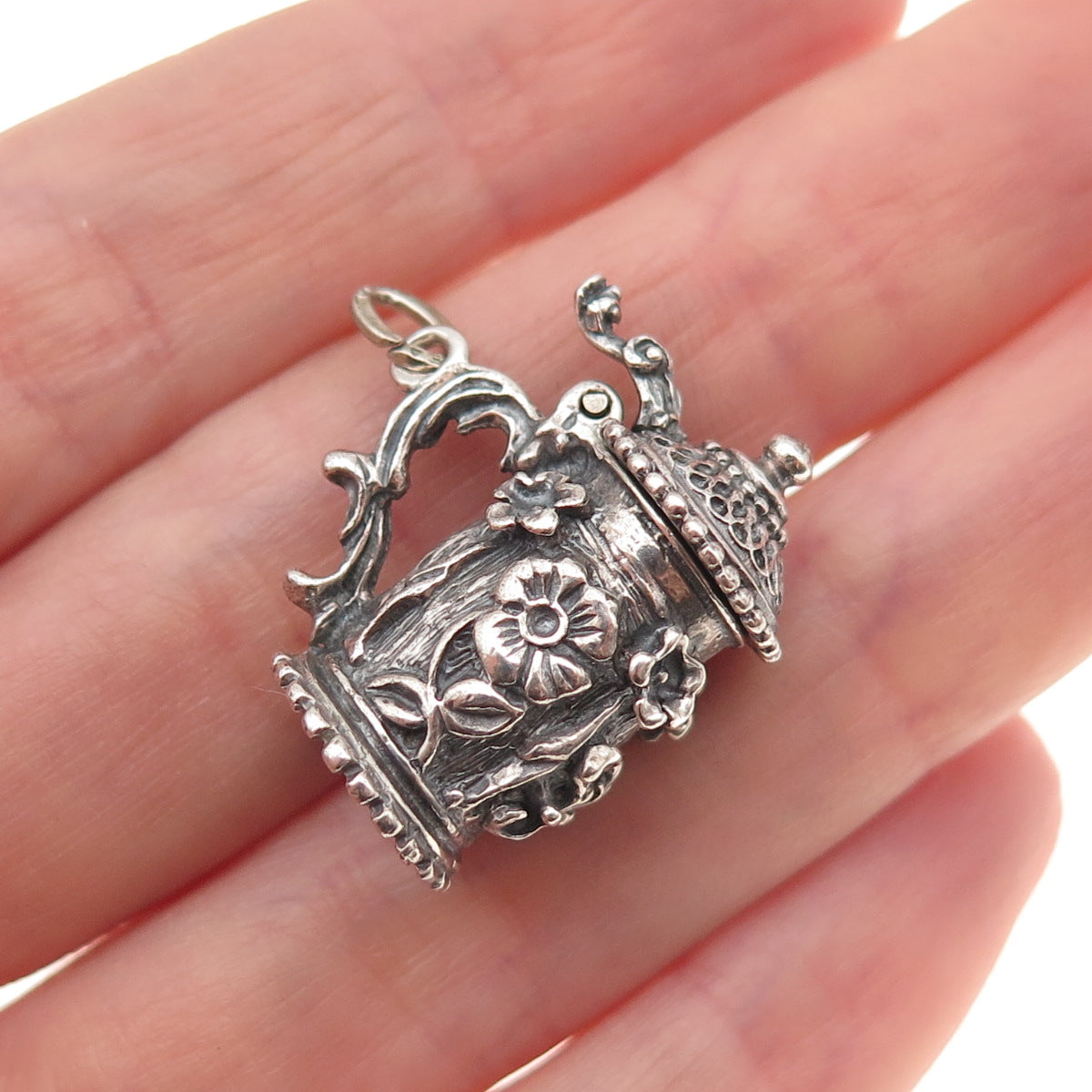 Beau 925 Sterling Silver Antique Art Deco Beer Stein Oxidized Charm Pendant