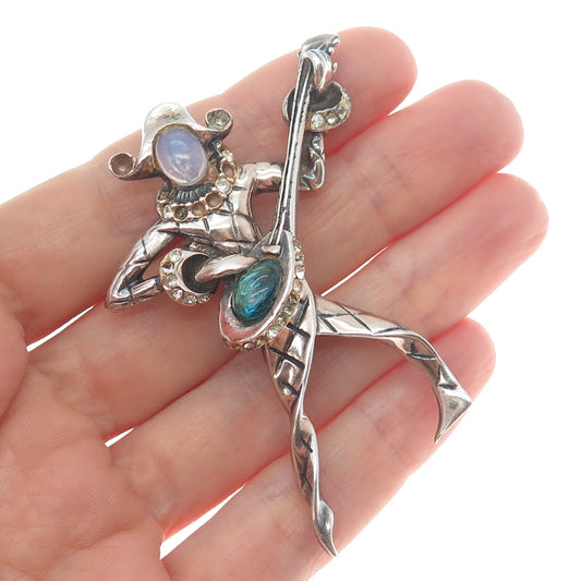 M SLATER Sterling Antique Shell Opalite Harlequin Brooch (missing 9 rhinestones)