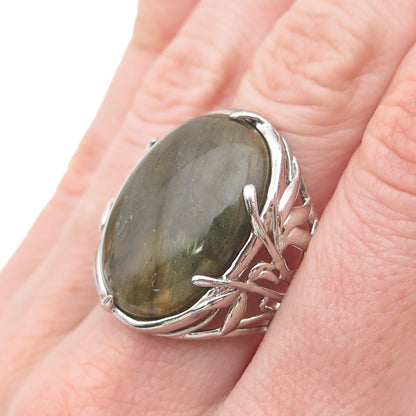 925 Sterling Silver Real Cabochon Labradorite Floral Ring Size 9.25