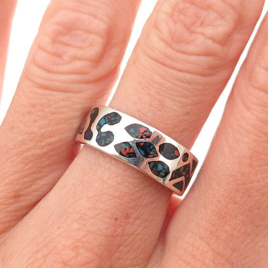 925 Sterling Silver Vintage Real Turquoise Lapis & Coral Inlay Band Ring Size 7