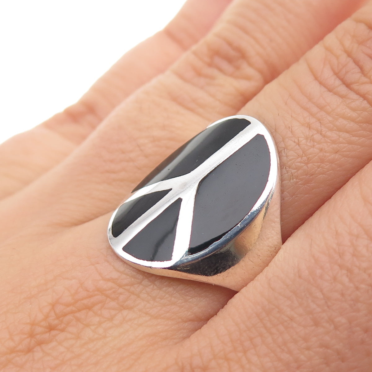 925 Sterling Silver Vintage Real Black Onyx Peace Symbol Ring Size 9.75