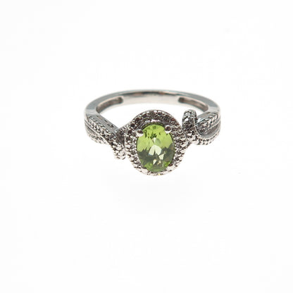 SUN 925 Sterling Silver Real Round-Cut Diamond & Peridot Ring Size 7