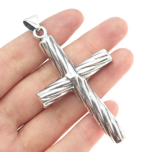 925 Sterling Silver Vintage Italy Ribbed Cross 3D Pendant