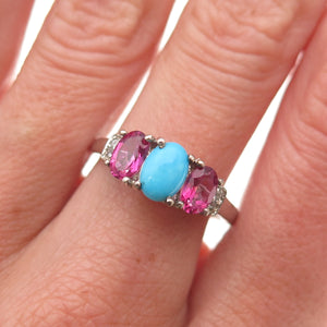 Chuck Clemency 925 Sterling Silver Real Turquoise Pink & White Topaz Ring Size 8
