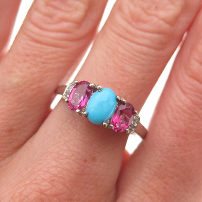 Chuck Clemency 925 Sterling Silver Real Turquoise Pink & White Topaz Ring Size 8